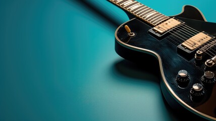Electric guitar with a black finish over a turquoise background - obrazy, fototapety, plakaty