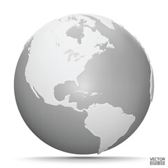 3D Earth Globes with shadow on white background. White and gray Modern world map. World planet. Travel around the world, Earth Day, or environment conservation concept. 3D vector illustration.