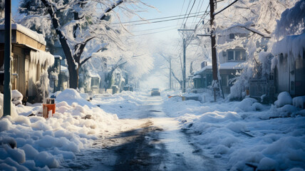 Heavy snowfall in residential area, day