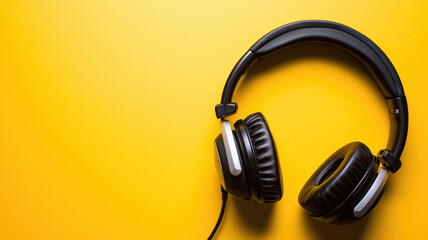 Black headphones hanging against a vivid yellow backdrop