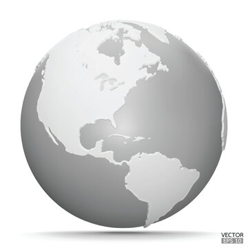 3D Earth Globes with shadow on white background. White and gray Modern world map. World planet. Travel around the world, Earth Day, or environment conservation concept. 3D vector illustration.