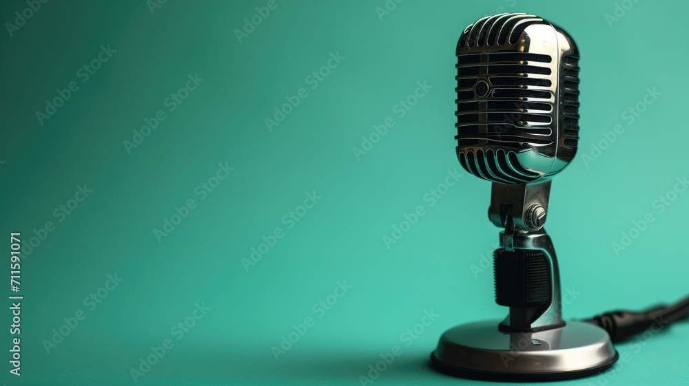 Wall mural vintage black microphone with a green background, invoking a retro vibe