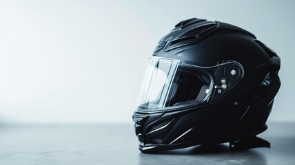 Sleek black motorcycle helmet on a minimalist white background - obrazy, fototapety, plakaty