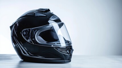 Stylish black motorcycle helmet on a white gradient background - obrazy, fototapety, plakaty