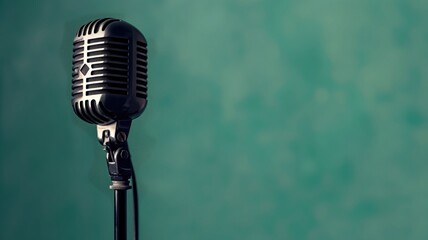 Retro black microphone against a greenish-blue backdrop