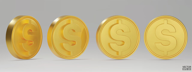 Set of rotating golden dollar coins in different angles isolated on background. Golden money set. Use for gambling games, jackpot Cash treasure concept. 3d vector illustration.