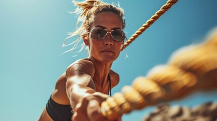 Female athlete pulling rope while exercising against clear blue sky