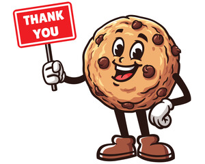 Cookie with thank you sign board cartoon mascot illustration character vector clip art logo hand drawn 