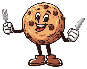 Cookie with fork and knife cartoon mascot illustration character vector clip art logo hand drawn 