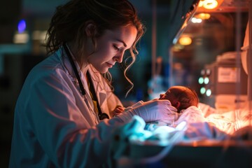Fototapeta na wymiar Female doctor examining newborn baby in incubator