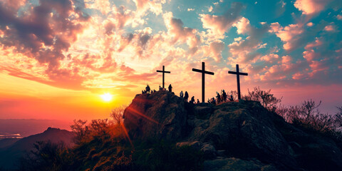  Sunset Silhouette Depicting the Crucifixion of Jesus, Alongside the Good and Bad Thief on Three Crosses - A Symbolic Image of Easter, Resurrection, and Christian Belief - obrazy, fototapety, plakaty
