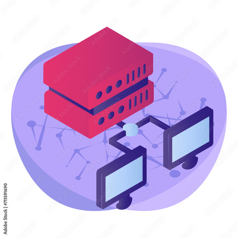 Poster storage area network isometric concept, network attached storage vector icon design, big data symbol