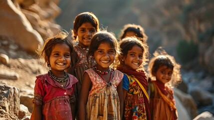 Naklejka premium A happy village filled with Tibetan children