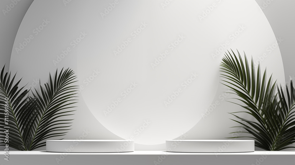 Wall mural palm leaves two white round stage podium mockup