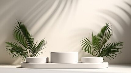 Palm leaves graceful three round stage podium mockup