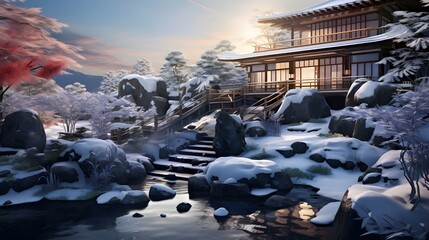 Onsen ryokan or a traditional classic modern Japanese house with Japanese garden in wintertime. Wide format. 