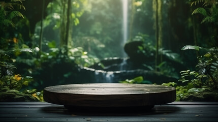 Waterfall wildlife rainforest wooden surface stage podium mockup