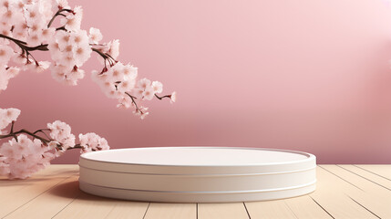 Pink blooming cherry branch soft stage podium mockup