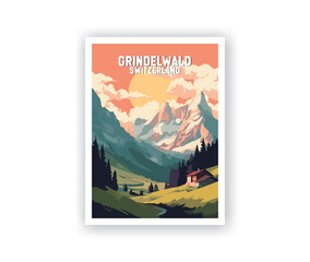 Grindelwald Illustration Art. Travel Poster Wall Art. Minimalist Vector art