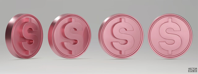 Set of rotating rose gold dollar coins in different angles isolated on background. Rose gold money set. Use for gambling games, jackpot Cash treasure concept. 3d vector illustration.