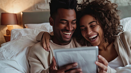 Happy, relaxed and carefree couple reading social media news on digital tablet and laughing in bed. Interracial husband and wife waking up together and browsing internet, sharing a funny online joke - obrazy, fototapety, plakaty