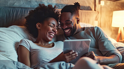 Happy, relaxed and carefree couple reading social media news on digital tablet and laughing in bed. Interracial husband and wife waking up together and browsing internet, sharing a funny online joke
