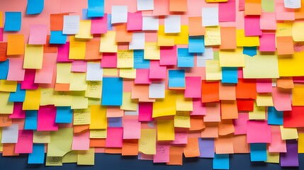 Many colorful, sticky notes, or adhesive notes on a wall or bulletin board.
