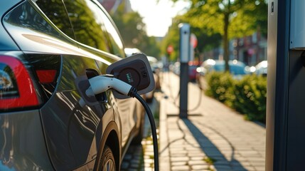 EV car charging at charging station, Car charging at electric car charging station. Electric vehicle charger station for charge EV battery. EV car charging point