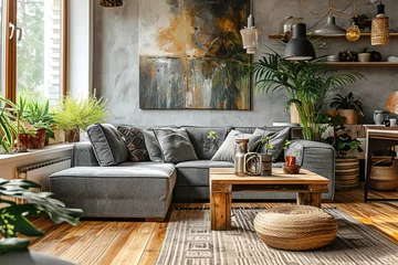 Fotobehang Pouf and wooden table in modern living room with painting above grey corner couch. Real photo © Stock