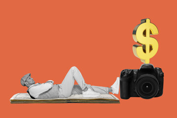 pop art collage with a man lying next to him, a huge camera and a dollar sign on top of it