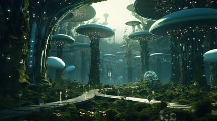 harmony between nature and technology with a surreal scene featuring a cybernetic forest or futuristic botanical garden
