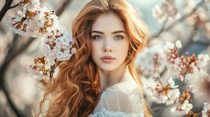 woman with loose locks, posing among cherry blossoms in a spring garden generative ai