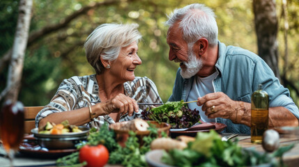 Healthiness and happiness go hand in hand. Shot of a happy older couple enjoying a healthy lunch together outdoors. - obrazy, fototapety, plakaty
