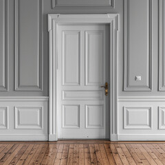 luxury door of a cloosed white hotel, brown wooden floor. Front view