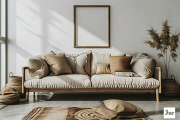 Rustic interior design of modern living room with beige fabric sofa and cushions. White wall with frame and space for text.