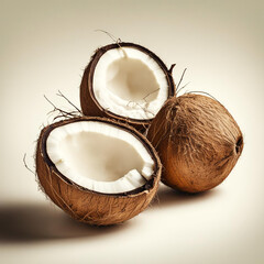 Split coconuts with delicious flesh inside on a light background.