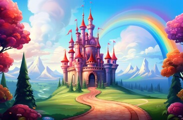 Hand drawn fairytale background. a cartoon castle on the hill with grass and trees as background. a cartoon castle in a green field with rainbow