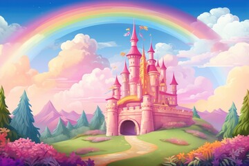 Hand drawn fairytale background. a cartoon castle on the hill with grass and trees as background. a cartoon castle in a green field with rainbow