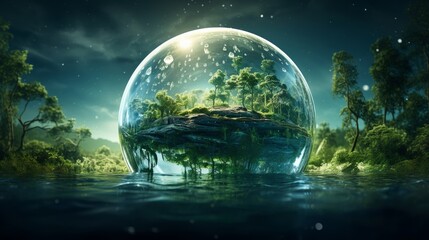 Fantasy landscape forming a globe, with deep forests and sparkling waters, under a clear, soft green sky conveying environmental harmony