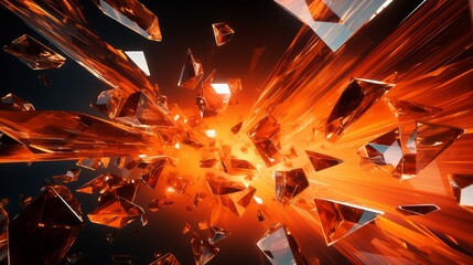 An abstract geometric formation with a shattered crystal and suspended elements in a dynamic orange arena