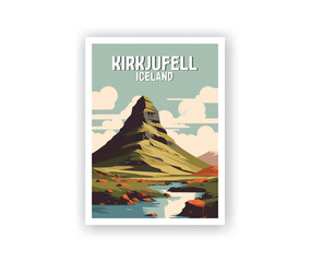 Kirkjufell Illustration Art. Travel Poster Wall Art. Minimalist Vector art