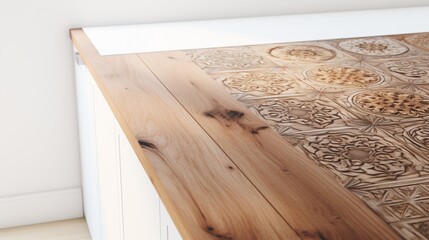 A high-definition image showcasing the intricate patterns and hues of a kitchen top crafted from brown timber, standing out against a pure white background