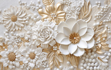 a close up of a white and gold flower on a white surface with gold leaves and pearls on it, generative ai
