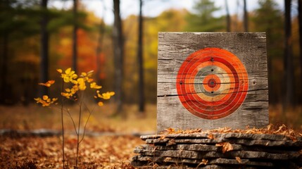 Sharpshooting practice target affixed to rugged wood, the backdrop blurred with autumnal colors