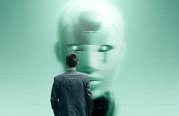 Businessman staring at a humanoid AI robot