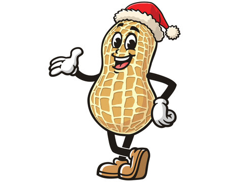 recommend clip art: Peanut wearing a Christmas hat cartoon mascot illustration character vector clip art logo hand drawn 