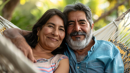 Middle age hispanic couple smiling confident hugging each other sitting on hammock at terrace