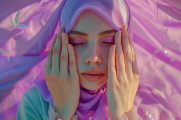 Horizontal shot of positive Muslim woman keeps eyes closed keeps hands on face smiles gladfully wears traditional hijab laughs at something funny isolated on pink background