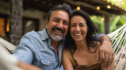 Middle age hispanic couple smiling confident hugging each other sitting on hammock at terrace