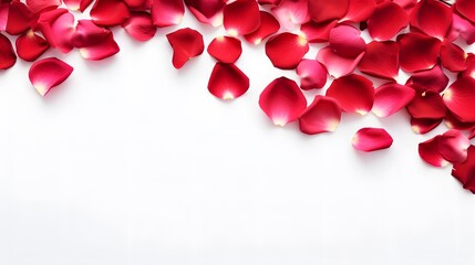 Romantic red rose petals on white background. Flat lay, top view, copy space
